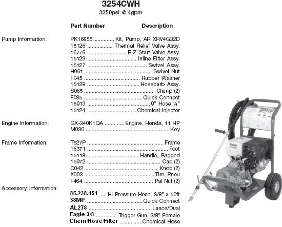 Excell 3254CWH pressure washer parts